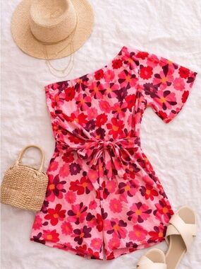 BTFBM Pink Floral One Shoulder Romper Tie Waist Shorts Size Small